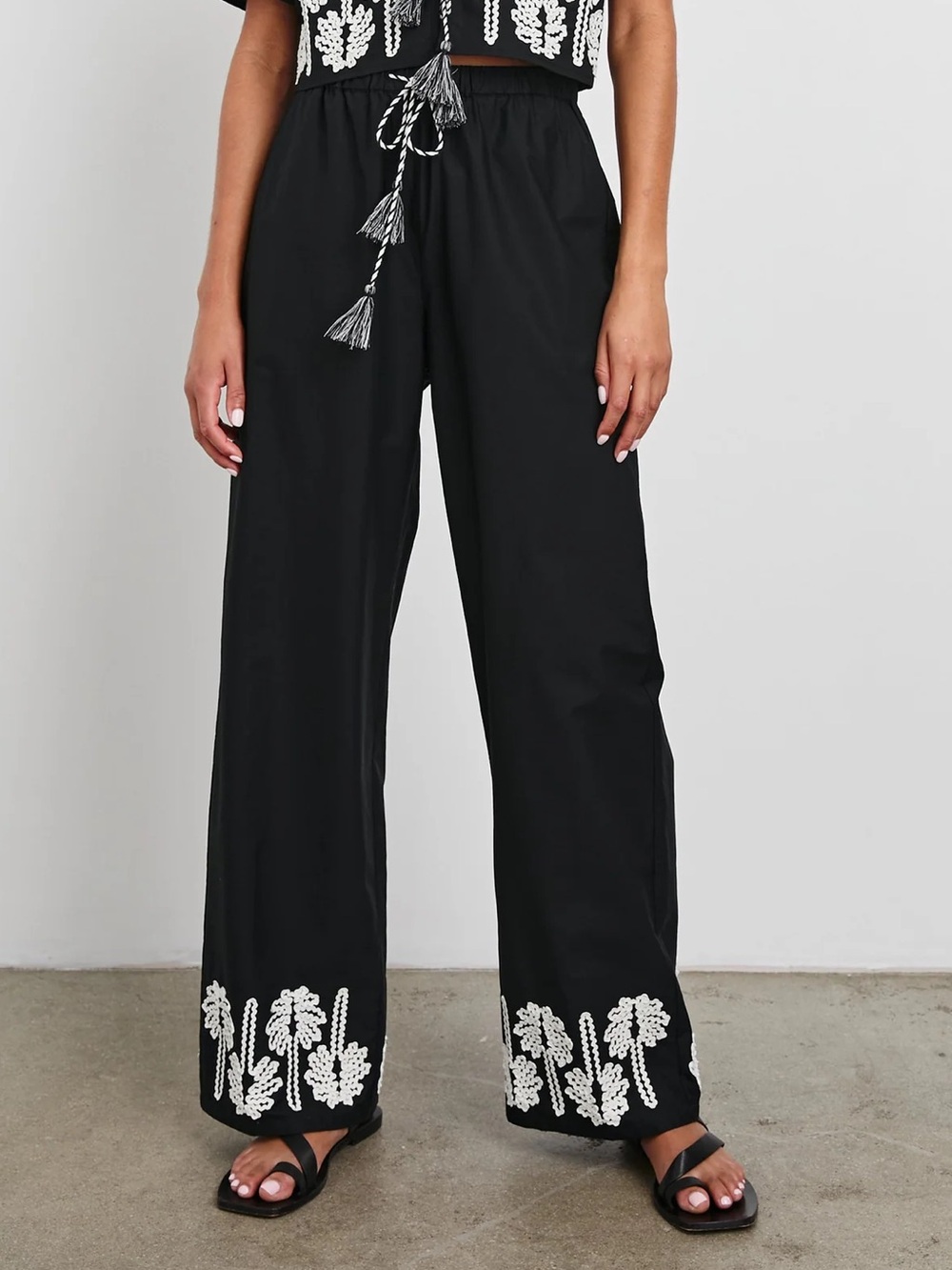 Rails Black Wide-Leg Pants with White Embroidered Hem